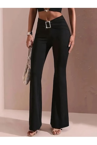 Simala Kadın Yüksek Bel Tokalı Ispanyol Paçalı Dalgıç Pantolon Siyah