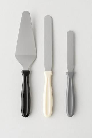 Qerhome 3'lü Pasta Spatula Seti, Paslanmaz Çelik, Siyah-beyaz-gri Saplı, Krem Sürme Ve Dekorasyon İçin Renkli