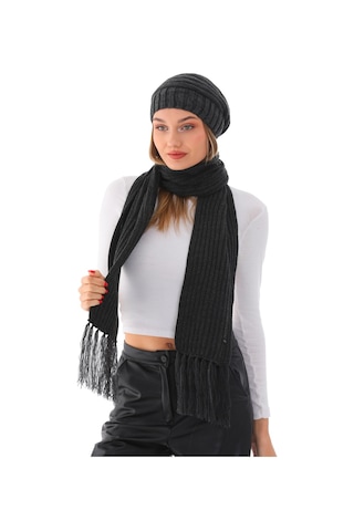 Kadın Ipli Bere Antrasit Selanik Örgü Atkı Takım Antrasit