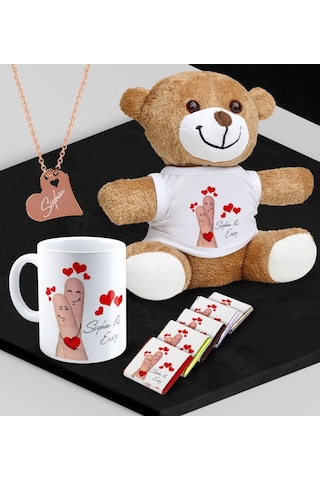 Kişiye Özel Sevgili Peluş Ayı Kupa Madlen Çikolata Ve Rose Kalp Kolye Set - 89