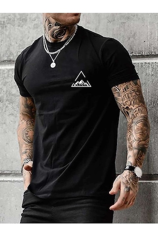 Üçgen Dağ T-shirt - Siyah Baskılı Oversize Bisiklet Yaka Kısa Kol Tişört Siyah