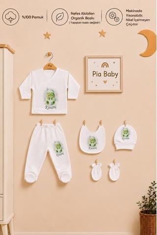 Pia Baby Kişiye Özel %100 Pamuk 5 Parça Erkek Bebek Zıbın Seti 2067z3x Krem
