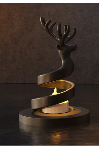 Buradabulabilirsin 3d Baskı Spiral Ren Geyiği Mumluk Yılbaşı Dekoratif Ren Geyiği Tealight Mum Tutucu - Siyah Bbz