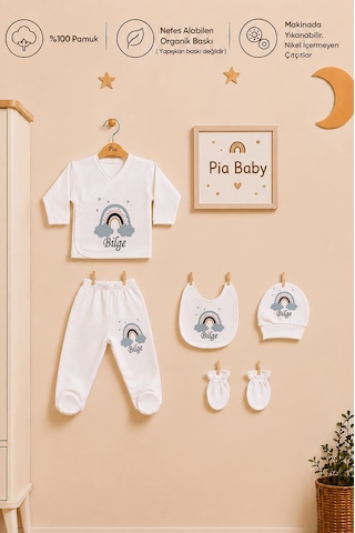 Pia Baby İsim Baskılı Erkek Bebek Hastane Çıkışı 5'li Zıbın Seti Penye Bebek Battaniyesi Ve Ham Bez Kıyafet Kesesi 1033bzk3x Krem