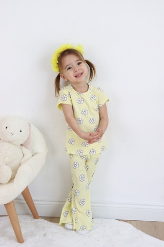 Kız Çocuk Çiçek Baskılı Raporlu Kumaş Basic Alt Üst İkili Takım 001