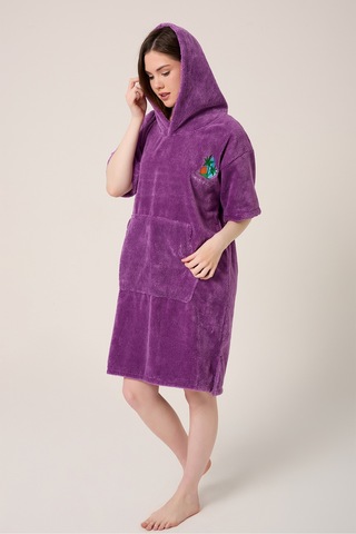 Palmiye Sörf Nakışlı Yetişkin Sörf Yazlık Panço Kapüşonlu Plaj Havlusu Mor Mor