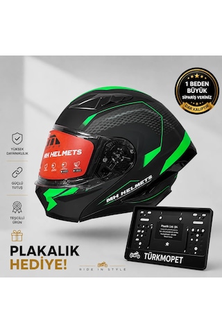 Mh Sports Çene Açılır Güneş Vizörlü Kask + Plakalık Siyah-yeşil