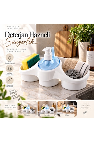Deterjan Hazneli Süngerlik Mutfak Lavabo Düzenleyici 3 Bölmeli