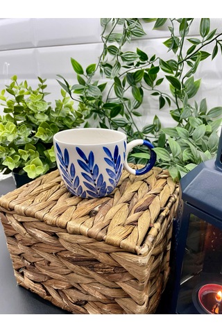 Seramik Kupa Bardak Mavi Yapraklı Tasarım