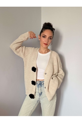 Ali Butik Krem Gül Motif Detaylı Triko Hırka Krem
