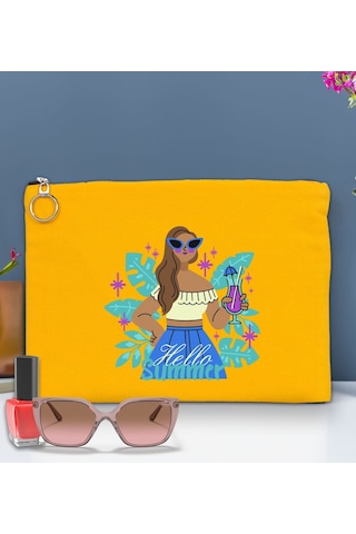 Bk Gift Yaz Temalı-3 Astarlı Sarı Portföy Çanta 30x21cm, Baskılı El Çantası, Organizer Çanta