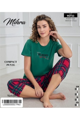Mihra Kadın Bisiklet Yaka Compact Penye Likralı Kapri Kısa Kol Pijama Takımı 90753y - 1 Adet Yeşil