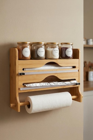 Digithome Bambu Baharat Standlı Streç Alüminyum Folyo Kesici Kağıt Havluluk Seti E/2 C1-1-289