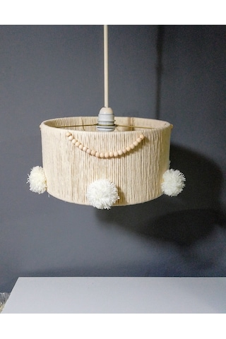 Makrome İp Avize Abajur Set Ekru Avize Boncuk Ponpon Makrome Abajur Ekru