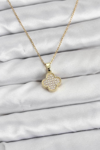 316l Çelik Zincir Gold Renk Zirkon Taşlı Yonca Model Kadın Kolye Altin