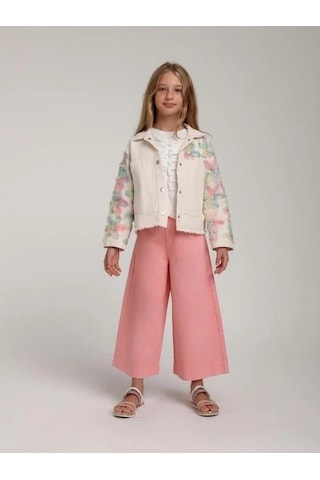 Kız Çocuk Tasarım Çiçekli Kot Ceket-15577 Ekru