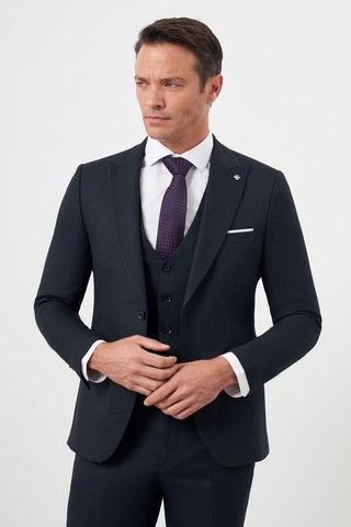 Morven Erkek Lacivert Poliviskon Basic Yelekli Jakar Desen Slim Fit Sivri Yaka Takım Elbise Lacivert