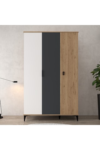 6302 Neva 3 Kapılı 200 Cm Gizli Çekmeceli Gardırop , Elbise Dolabı , Genç Odası Antrasit Beyaz Sepet