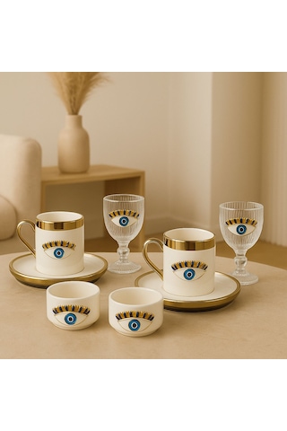 2 Kişilik Porselen Nazar Göz Platin Yaldız Fincan Takımı Seti Ve 2 Porselen Lokumluk Ve 2 Cam Bardak Altın - Beyaz