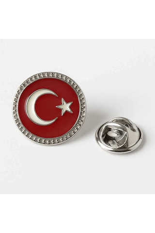Ay Yıldız Türk Bayrağı Yuvarlak Gümüş Rozet 2x2 Cm Parlak Metal Yaka Rozeti Gri