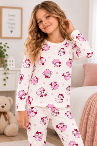 Free Beka Desenli Bisiklet Yaka %100 Pamuklu İnterlok Kumaş Kız Çocuk Uzun Kollu Pijama Takımı Çok Renkli