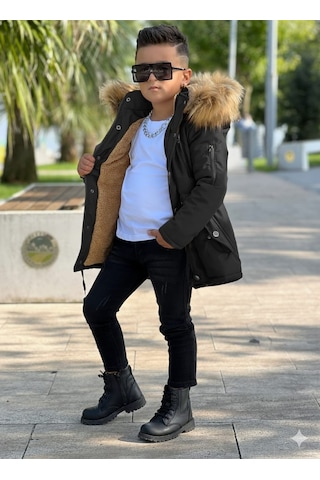 Modavals Erkek Çocuk Garson Beden İthal Tak Çıkar Kürklü Cepli Fermuarlı Düğmeli Bondit Kumaş Kışlık Mont-siyah 851247962 Çok Renkli