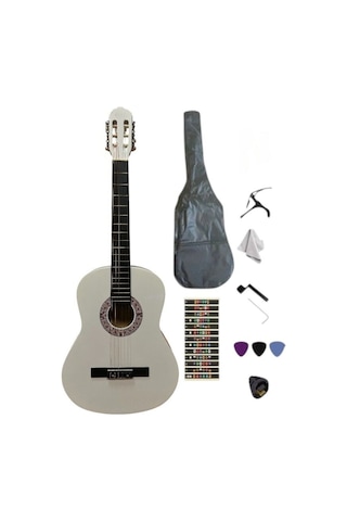 4/4 Sap Ayarlı Beyaz Klasik Gitar Seti Kılıf-pena-kapo-nota Sticker...