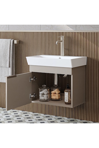 Likya Tek Kapaklı Lavabolu 59 Cm Banyo Dolabı Alt, Lavabolu Banyo Alt Dolabı Kumtaşı
