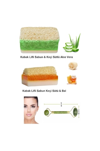 3'lü Set Doğal Kabak Lifli Keçi Sütlü Aloe Vera Özlü Ballı Sütlü Sabun Çift Taraflı Yüz Masaj Aleti