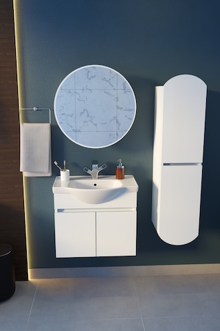 Makbulce Erciyes Havlu Dolaplı 65cm Seramik Lavabolu Mdf Oval Aynalı Banyo Dolabı Beyaz