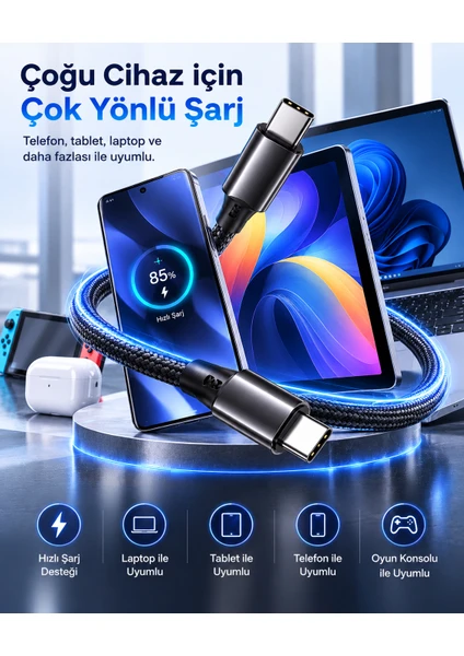 Type-c To Type-c 240w Örgülü Hızlı Şarj Ve Data Kablosu 1 Metre Hasır Dayanıklı Kablo