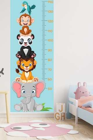 Sevimli Safari Hayvanları Boy Ölçüm Cetveli Boy Ölçer Sticker Turkuaz