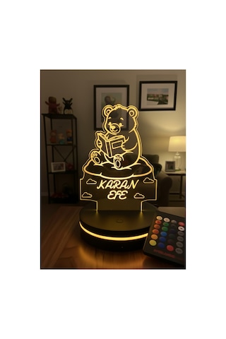 Kişiye Özel İsimli Ayıcık 3d Led Gece Lambası 10 Renk Kumandalı
