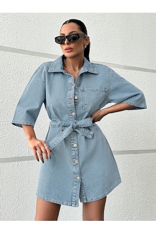 Shevega Kadın Açik Mavi Kuşakli Tek Cep Kısa Kot Elbise Mavi