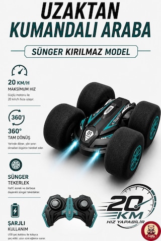 Uzaktan Kumandalı Kırılmaz Sünger Teker 20 Km/h Yapabilen 4x4 Akrobatik Drift Rc Araba Led Işıklı 360 Dönebilen Şarjlı 2.4ghz Takla Atabilen Yeşil