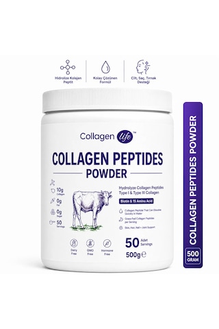 Collagen Life %100 Saf Ve Doğal Yüksek Biyoaktif Çift Hidrolize Kolajen Peptitler İçeren Diyet Takviyesi 50günlük