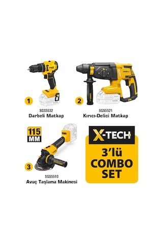Sgs SGS5532 20 Volt 4 Amper Akülü Vidalama Matkap + SGS5521 Kırıcı Delici + SGS5510  Avuç Taşlama Combo Set 3 Parça