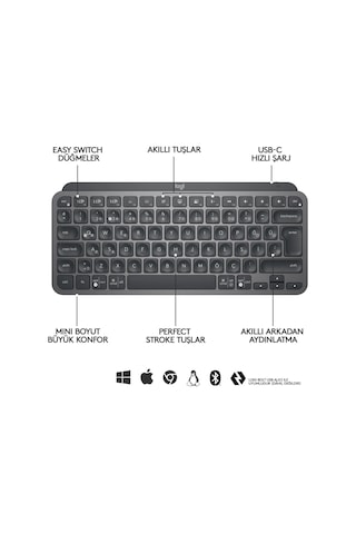 Logıtech Mx Keys Mını Mınımalıst Kablosuz Bluetooth Aydınlatmalı Q Tr Klavye Siyah 920-010504 Lazer