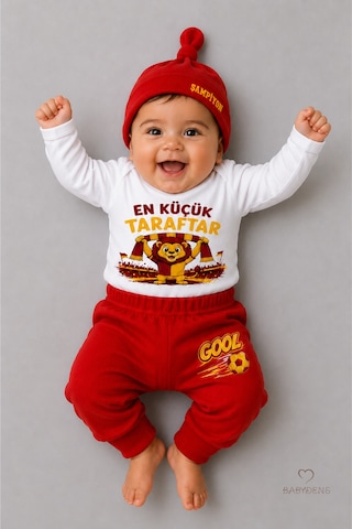Babyden's %100 Pamuk Sarı Kırmızı En Küçük Taraftar 3'lü Yenidoğan Bebek Takımı Uzun Kollu Body Pantolon Şapka Seti