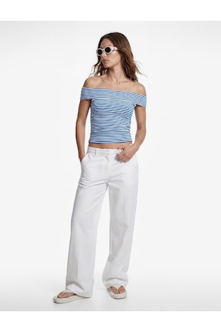 Koton Koton X Sibil Çetinkaya - Slim Fit Drape Detaylı Çizgili Omzu Açık Bluz Mavi Çizgili 6sak10105uk