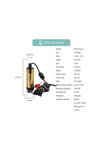 Kızılırmak 12 Volt Alüminyum Dalgıç Tipi Sıvı Aktarma Pompası Fi