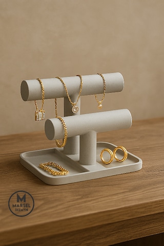 Marsel Dizayn Şık Ve Modern Çok Amaçlı Takı Düzenleyici Stand - Takı Organizeri - Mermer Beyazı - 16 Cm Mermer Beyazı