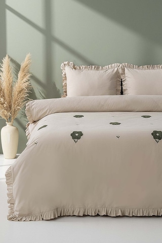 Florita Cappuccino Çift Kişilik Nakışlı %100 Pamuklu Nevresim Takımı 4 Parça Bej