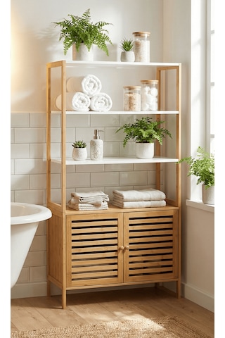 Bambu Çok Amaçlı Raflı Banyo Düzenleyici 2 Kapaklı Dolap Bej