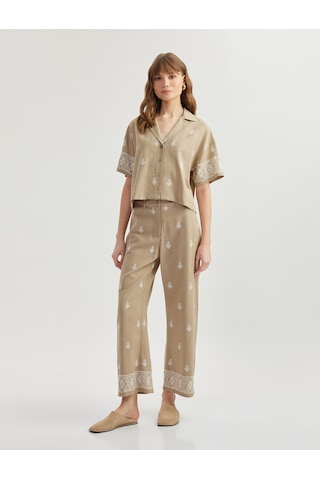 Koton Viskon Etnik Desenli İşlemeli Kısa Kollu Oversize Crop Gömlek Haki 5sak60094pw Haki