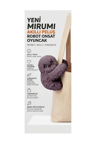 Mirumi Akıllı Peluş Robot Oyuncak - Ses Algılayan Dokunmaya Duyarlı Çantaya Tutunan İnteraktif Peluş Gri