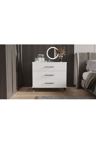 Şifonyer Üç Çekmeceli Aynalı Parlak Beyaz Beyaz