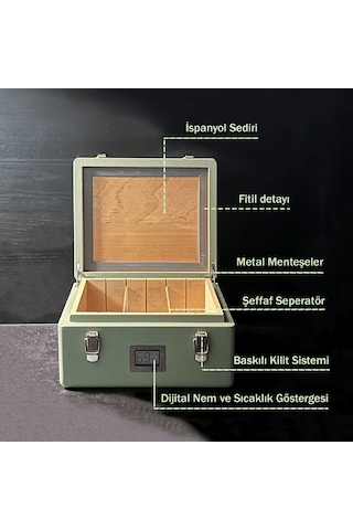 Mezmob İspanyol Sedir Humidor Puro Kutusu Baskı Kilitli Fitilli Haki Yeşil Lake Boya Dijital