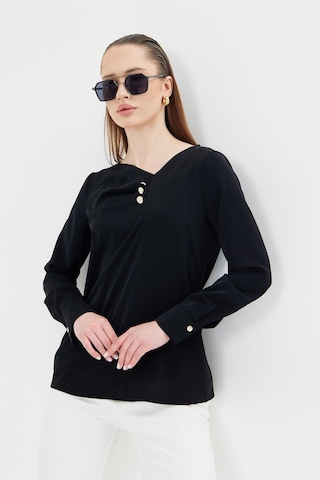 Yakası Pileli Ve Düğme Detaylı Gömlek Siyah Siyah