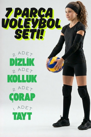 7 Parça Voleybol Seti- Voleybol Dizliği + Voleybol Taytı+ Voleybol Elliği+ Voleybol Çorap Siyah
